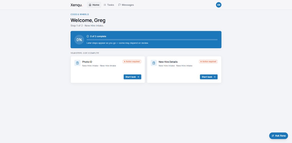 Secure portal showing required intake tasks